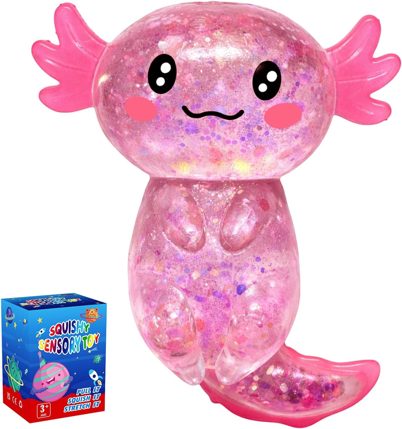 Axolotl Squishy Glitter Stress Relief Toy, Stretchy Axolotls Stress Ball, Relief Squishy Toys, Fidget Toys for Kids Youth Adult, Salamander Gift for Party Birthday Christmas (Blue)