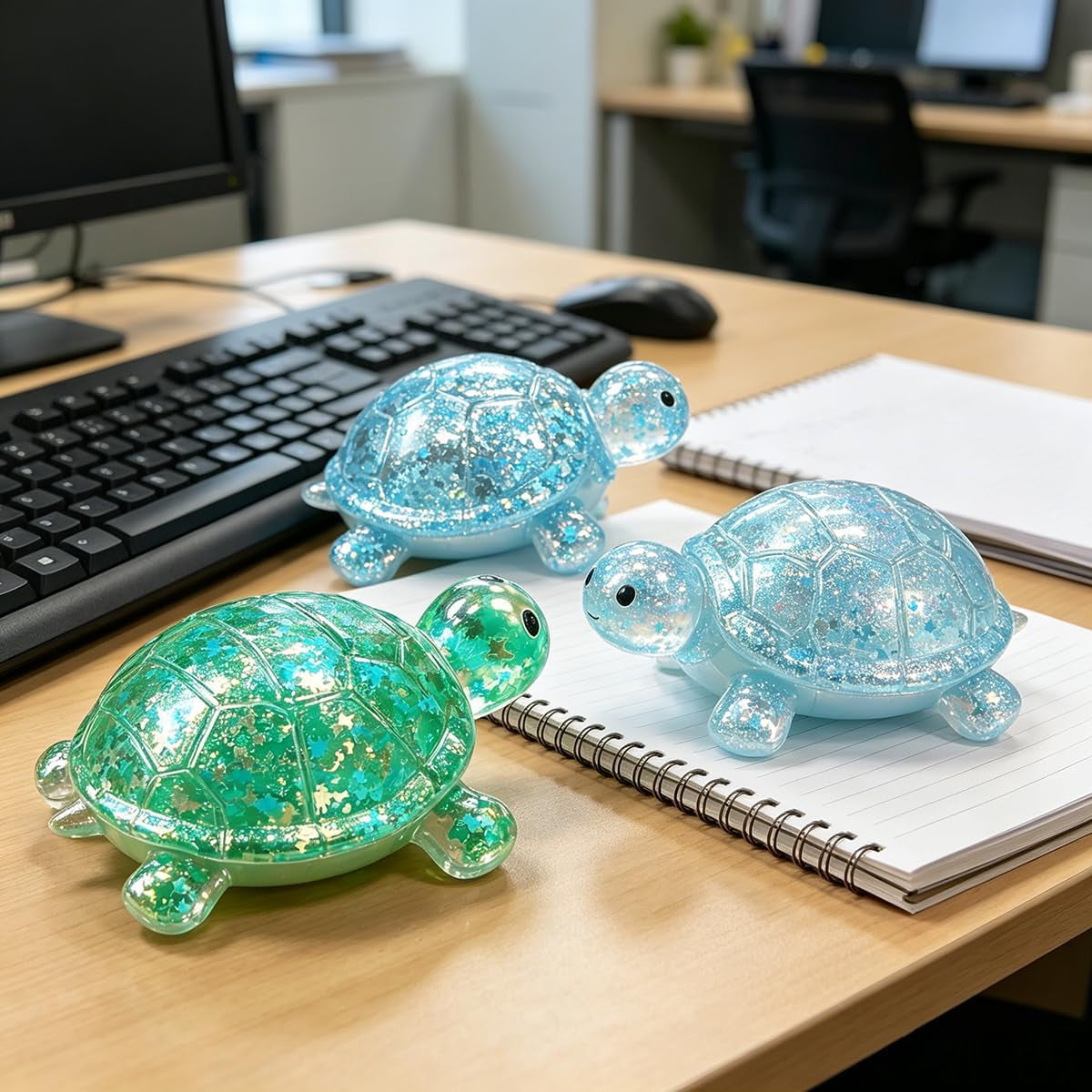 Glitter Turtle Squishies, Cute Soft Relaxing Stress Relief Squeezes, Colorful Turtle Stress Balls Gifts for Office Desk Suitable for Adult Use in Offices and Homes 2 Pack（Blue + Green）