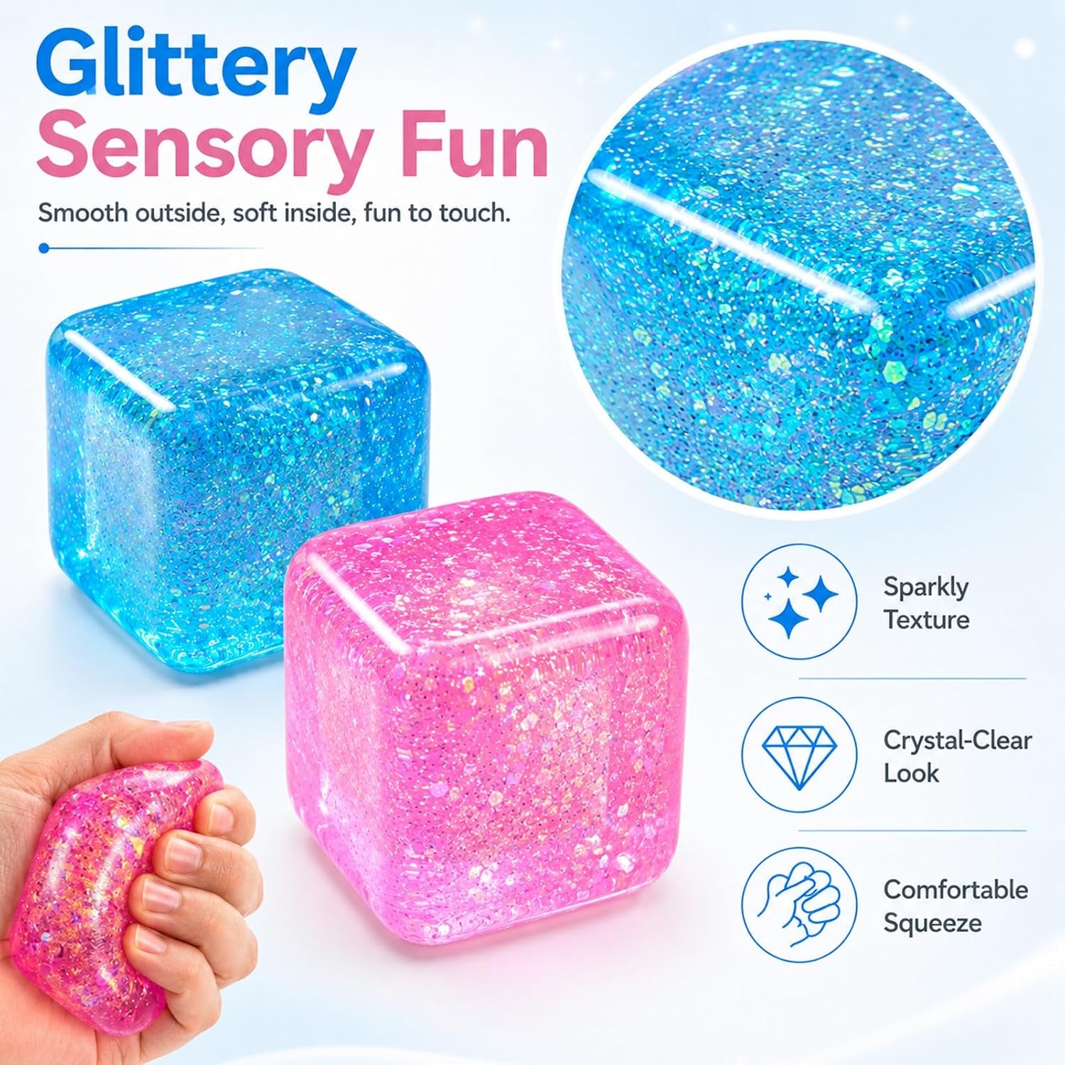 Ice Cube Squishy Toys, Glitter Stress Cube 4 Pcs | 2 Inch Sensory Squeeze Toys, Squishy Cube Pack for Adult Anxiety Stress Relief