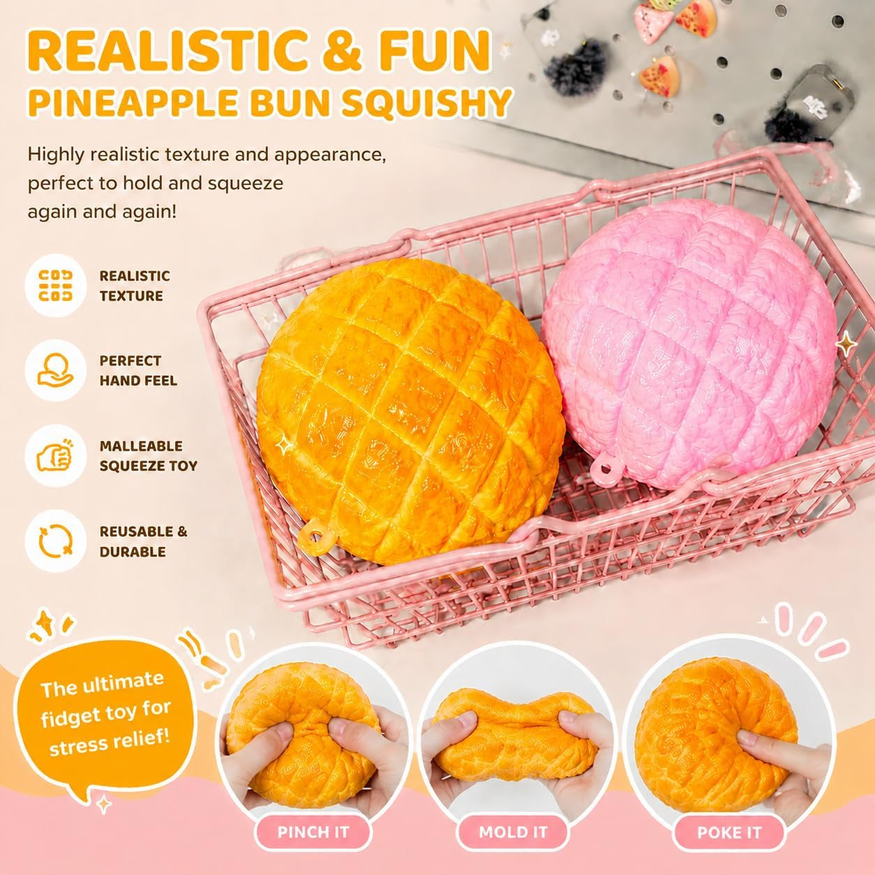 Crunchy Pineapple Bun Squishy - Bead Filled Squeeze Fidget Toy, Realistic Food Replica Design Sensory Squeeze Ball with Crunchy ASMR Feel for Adults，Pink