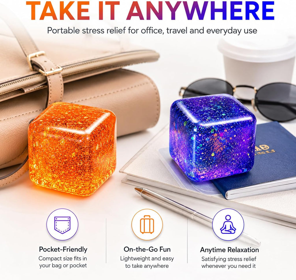 Ice Cube Squishy Toys, Glitter Stress Cube 4 Pcs | 2 Inch Sensory Squeeze Toys, Squishy Cube Pack for Adult Anxiety Stress Relief