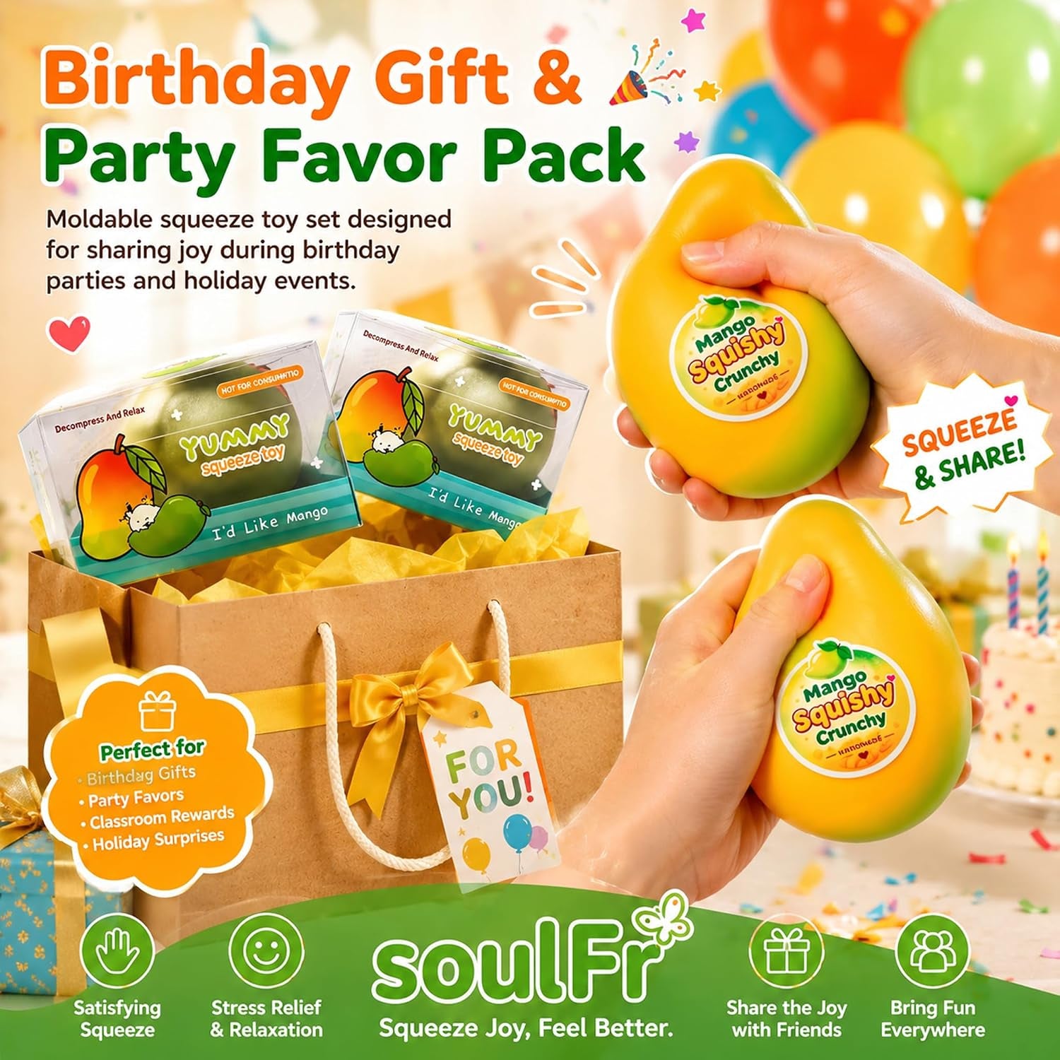 2Pcs Crunchy Mango Squishy Toy Slow Risin Sensory Stress Ball Desk Fidget | Soft Crunchy Slow Rebound Sensory Squeeze Ball for Focus Anxiety Relieffor Party Favors Birthday Gifts Kids Adults