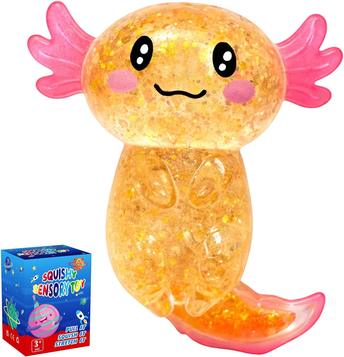 Axolotl Squishy Glitter Stress Relief Toy, Stretchy Axolotls Stress Ball, Relief Squishy Toys, Fidget Toys for Kids Youth Adult, Salamander Gift for Party Birthday Christmas (Blue)
