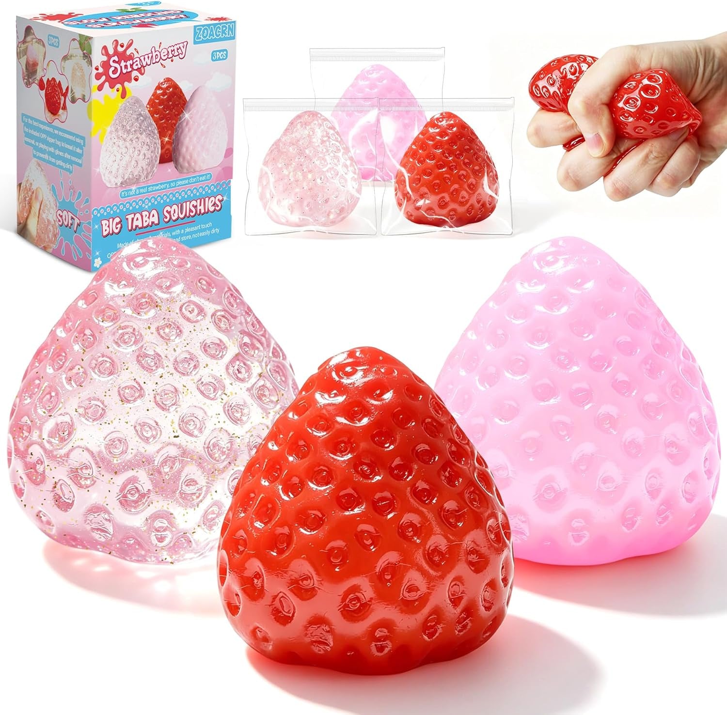 3Pcs Big Taba Squishies Strawberry, Cute Strawberry Squeeze Toys | Upgrade Fruit Squishies, Kawaii Sticky Stress Toy, Clear Fidget Toys, Valentines Gift for Kids, Girls Birthday Gift Ideas