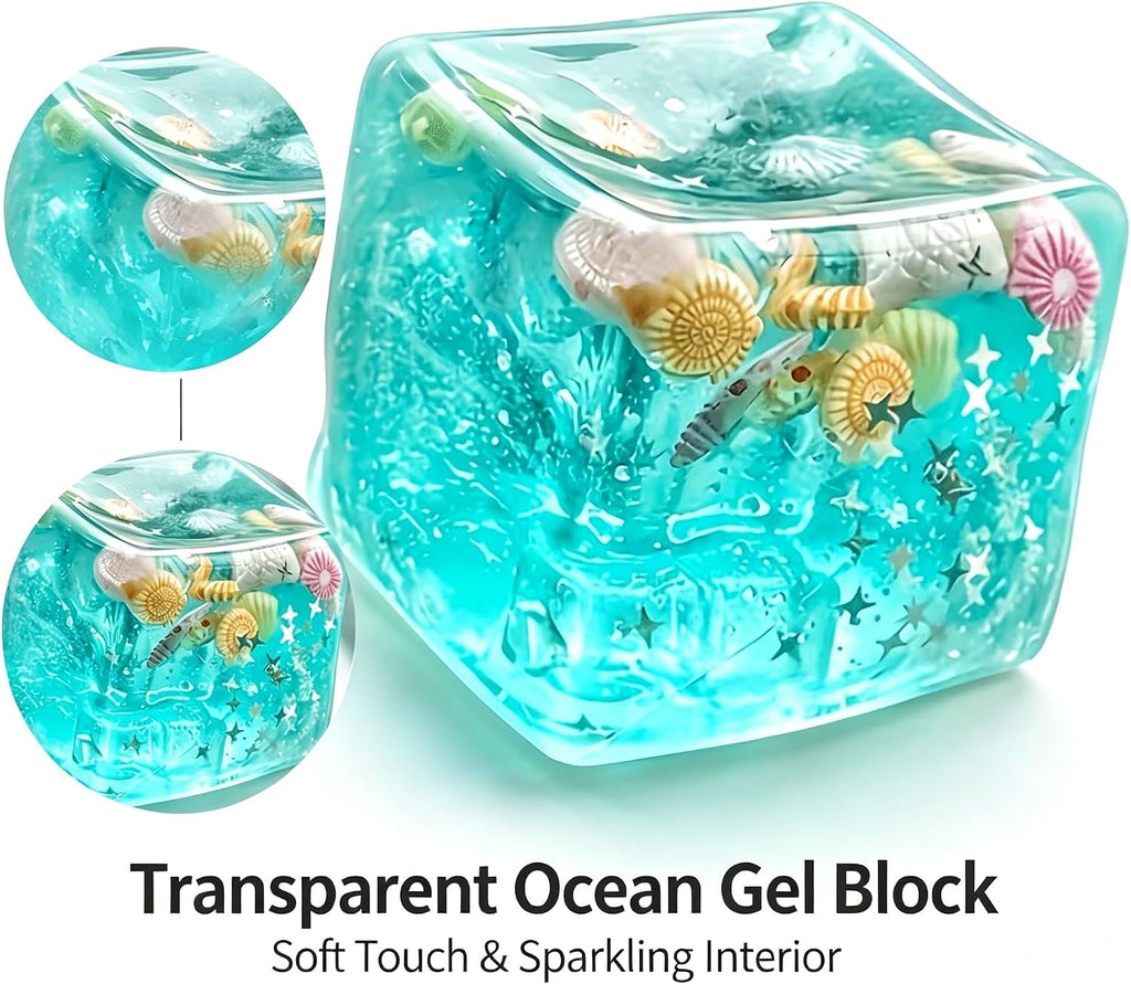 Ocean Ice Cube Squishy Glitter Squeeze Stress Balls – Soft Stretchy Squeeze Ball for Adults Anxiety Relief