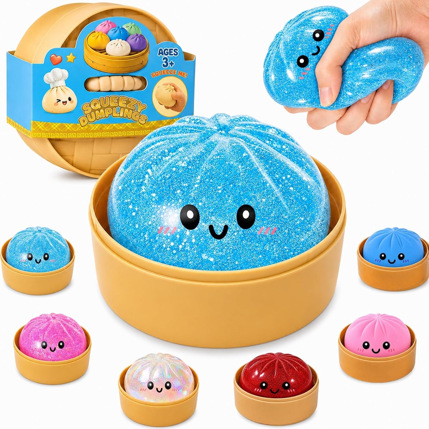 Dumpling Squishies, Glitter Dumpling Mystery Box, Fidget Sensory Toy for Adults,Colorful Dumplings Stress Balls with Food Steamer,Stretchy Desk Toys (Pink)