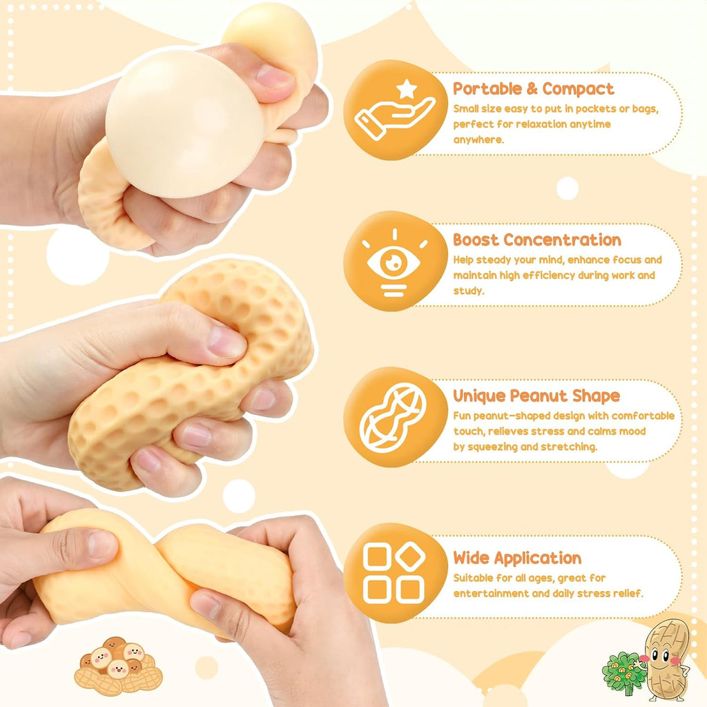 Peanut Shape Stress Relief Bal, Peanut Squishies Toys, Soft Squeeze Fidget, Hand Grip Decompression Ball for Office Desk Focus Relaxation Portable (2PCS)