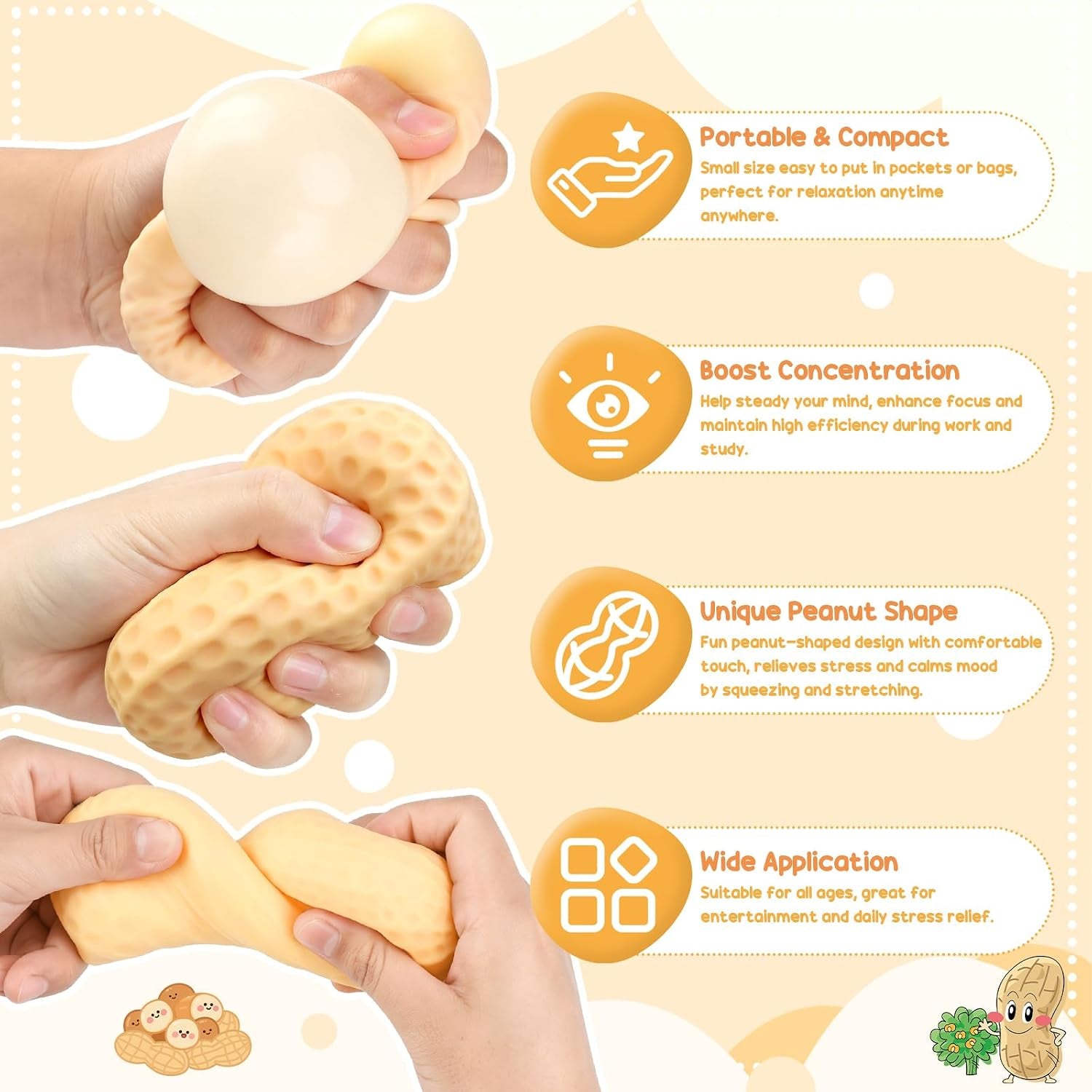 Peanut Shape Stress Relief Bal, Peanut Squishies Toys, Soft Squeeze Fidget, Hand Grip Decompression Ball for Office Desk Focus Relaxation Portable (2PCS)