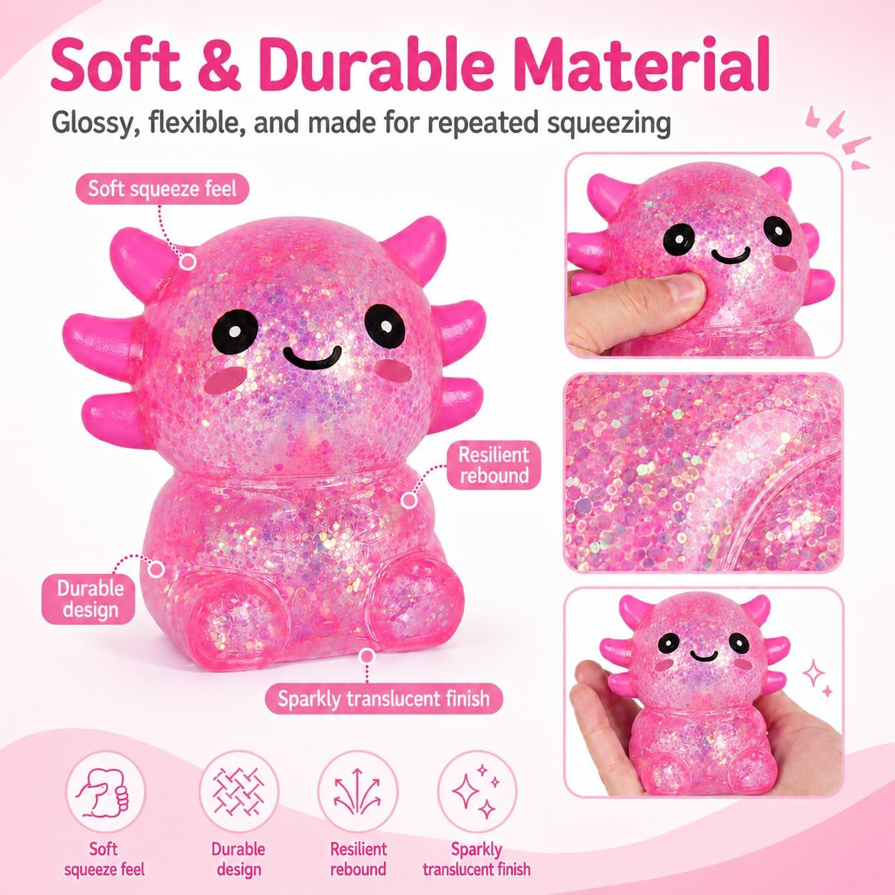 Axolotl Squishy Stress Ball, Soft TPR Slow Rising Squeeze Toy, Cute Axolotl Fidget Toy for Stress Relief, Anxiety Calming Sensory Toy for Kids Adults(Pink Seated Axolotl)