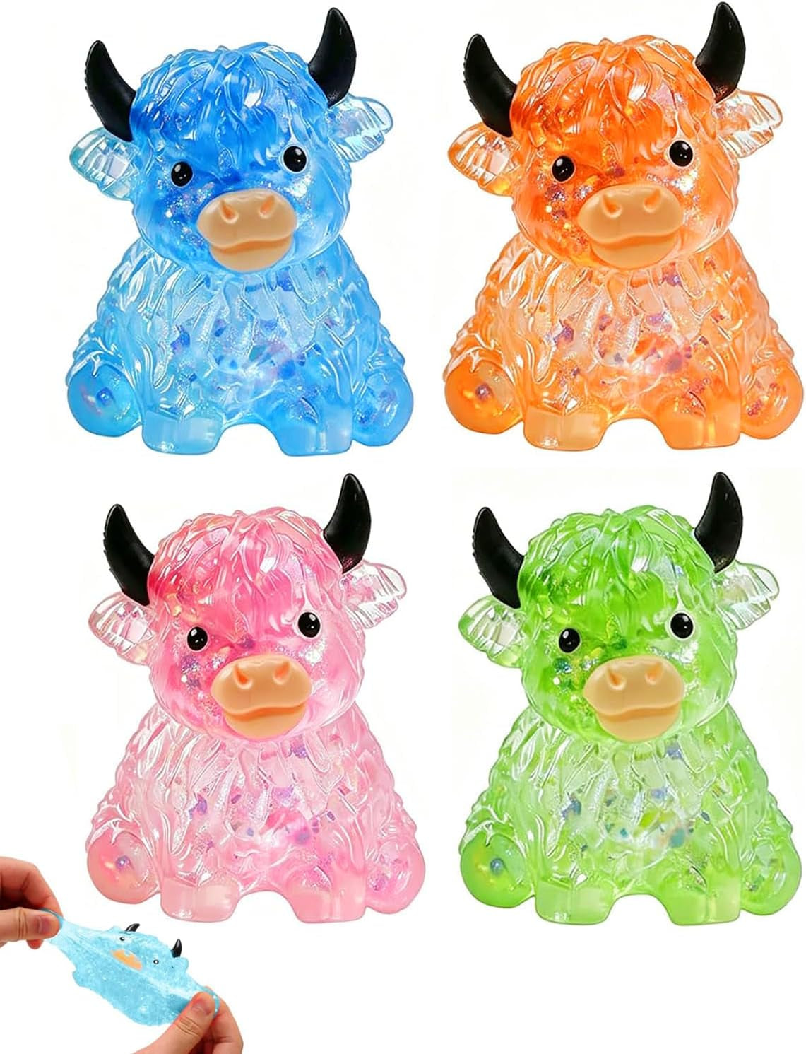 4PCS Highland Cow Squishy Fidget Toys,Glitter Squeeze Sensory Toys Ultra-Soft Slow Rising Stress Relief Anxiety Relief Desk Decor for Home and Office,Christmas Birthday Gift Party Favors