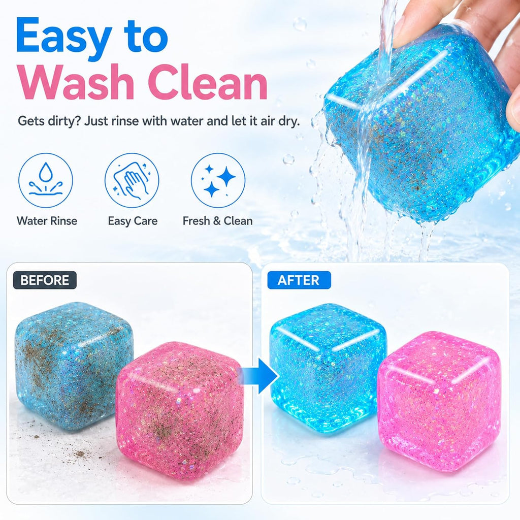 Ice Cube Squishy Toys, Glitter Stress Cube 4 Pcs | 2 Inch Sensory Squeeze Toys, Squishy Cube Pack for Adult Anxiety Stress Relief