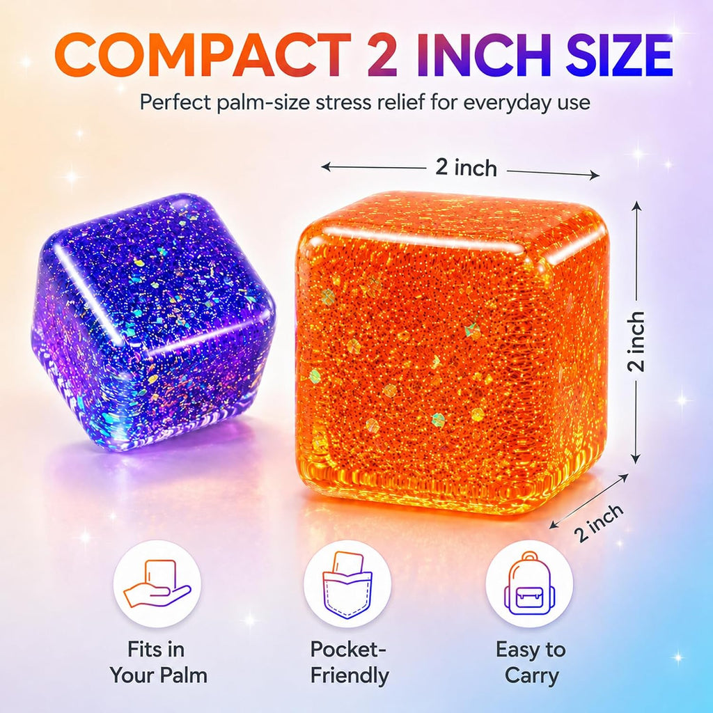 Ice Cube Squishy Toys, Glitter Stress Cube 4 Pcs | 2 Inch Sensory Squeeze Toys, Squishy Cube Pack for Adult Anxiety Stress Relief