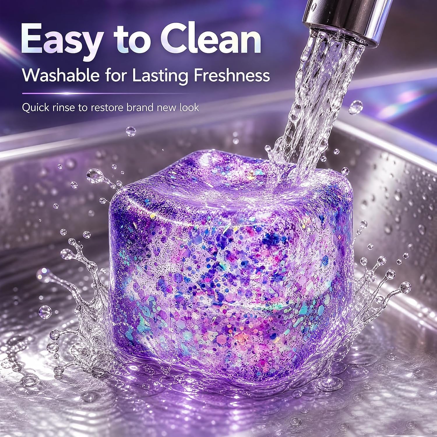 Glitter Cube Squishy Fidget Toys,Stress Sensory Purple Ice Cube Squishy Squeeze Toy for Adults,Stress Relief Toys for the Office,Unique Gift to Help Teens Improve Their Focus - Large 2" Cube