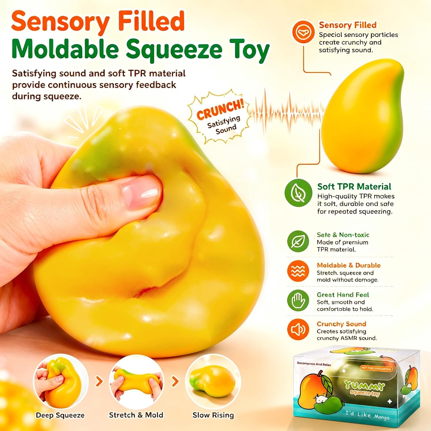 2Pcs Crunchy Mango Squishy Toy Slow Risin Sensory Stress Ball Desk Fidget | Soft Crunchy Slow Rebound Sensory Squeeze Ball for Focus Anxiety Relieffor Party Favors Birthday Gifts Kids Adults