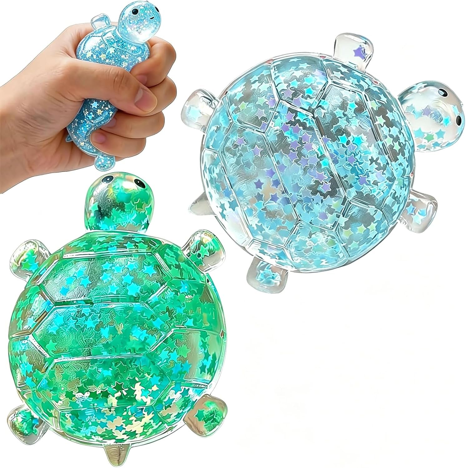 Glitter Turtle Squishies, Cute Soft Relaxing Stress Relief Squeezes, Colorful Turtle Stress Balls Gifts for Office Desk Suitable for Adult Use in Offices and Homes 2 Pack（Blue + Green）