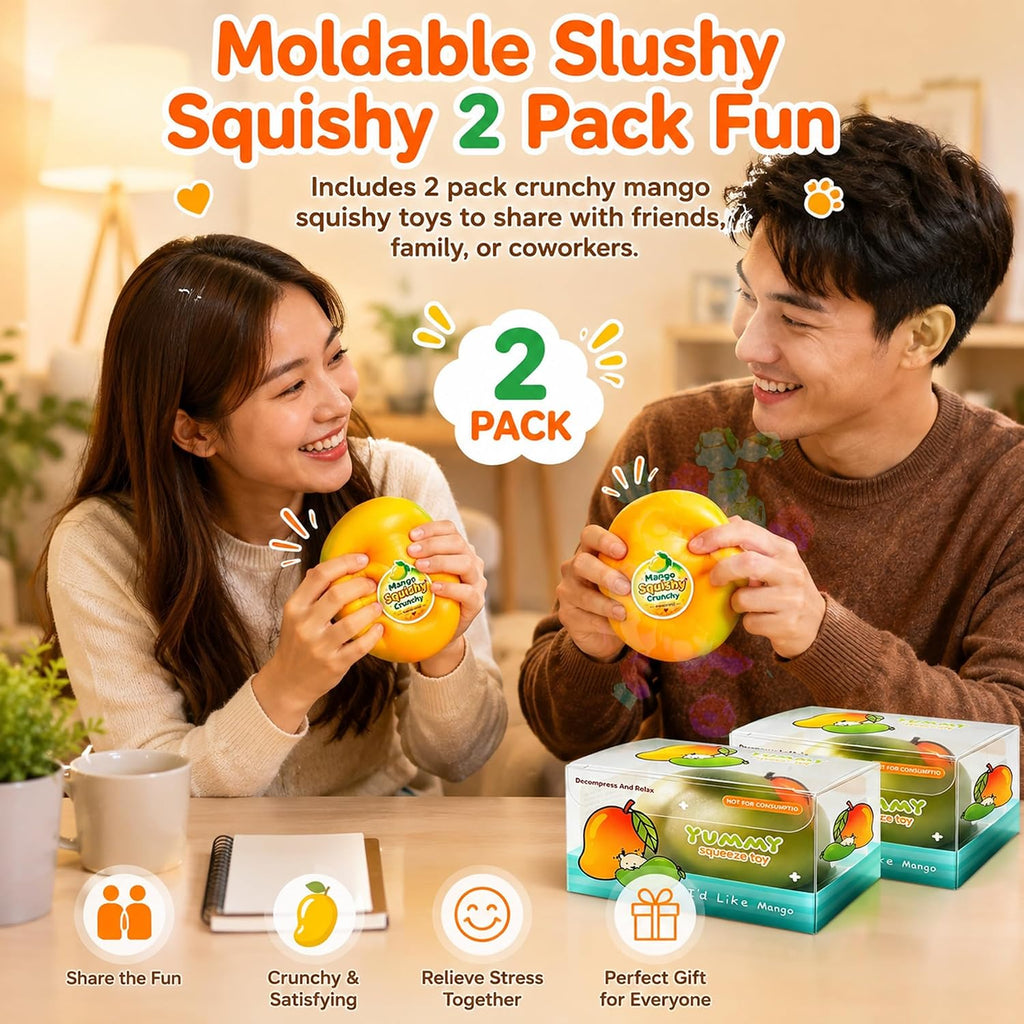 2Pcs Crunchy Mango Squishy Toy Slow Risin Sensory Stress Ball Desk Fidget | Soft Crunchy Slow Rebound Sensory Squeeze Ball for Focus Anxiety Relieffor Party Favors Birthday Gifts Kids Adults