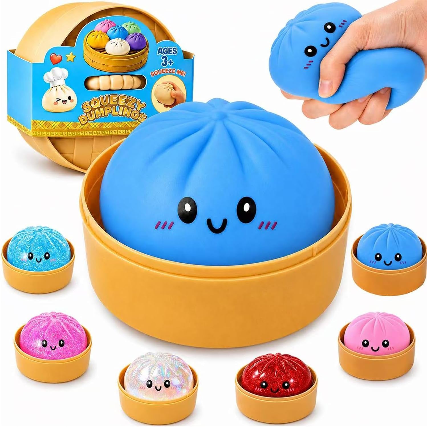 Dumpling Squishies, Glitter Dumpling Mystery Box, Fidget Sensory Toy for Adults,Colorful Dumplings Stress Balls with Food Steamer,Stretchy Desk Toys (Pink)