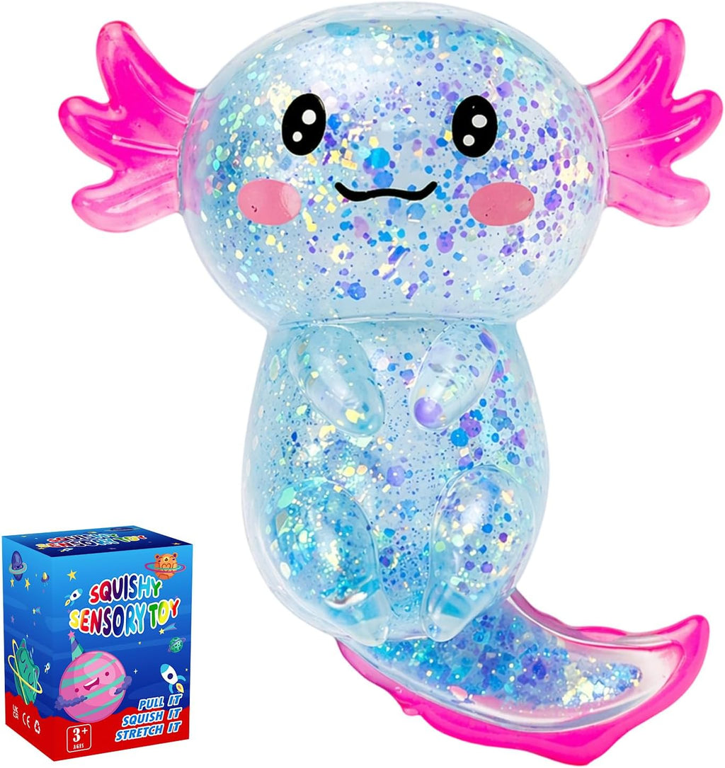 Axolotl Squishy Glitter Stress Relief Toy, Stretchy Axolotls Stress Ball, Relief Squishy Toys, Fidget Toys for Kids Youth Adult, Salamander Gift for Party Birthday Christmas (Blue)