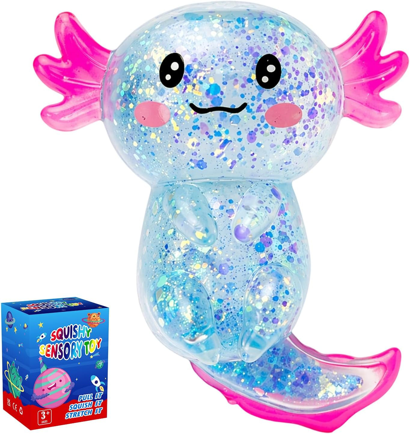 Axolotl Squishy Glitter Stress Relief Toy, Stretchy Axolotls Stress Ball, Relief Squishy Toys, Fidget Toys for Kids Youth Adult, Salamander Gift for Party Birthday Christmas (Blue)