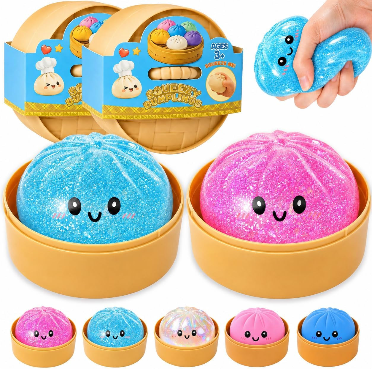 Dumpling Squishies, Glitter Dumpling Mystery Box, Fidget Sensory Toy for Adults,Colorful Dumplings Stress Balls with Food Steamer,Stretchy Desk Toys (Pink)