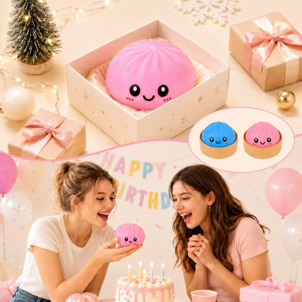 Dumpling Squishies, Glitter Dumpling Mystery Box, Fidget Sensory Toy for Adults,Colorful Dumplings Stress Balls with Food Steamer,Stretchy Desk Toys (Pink)