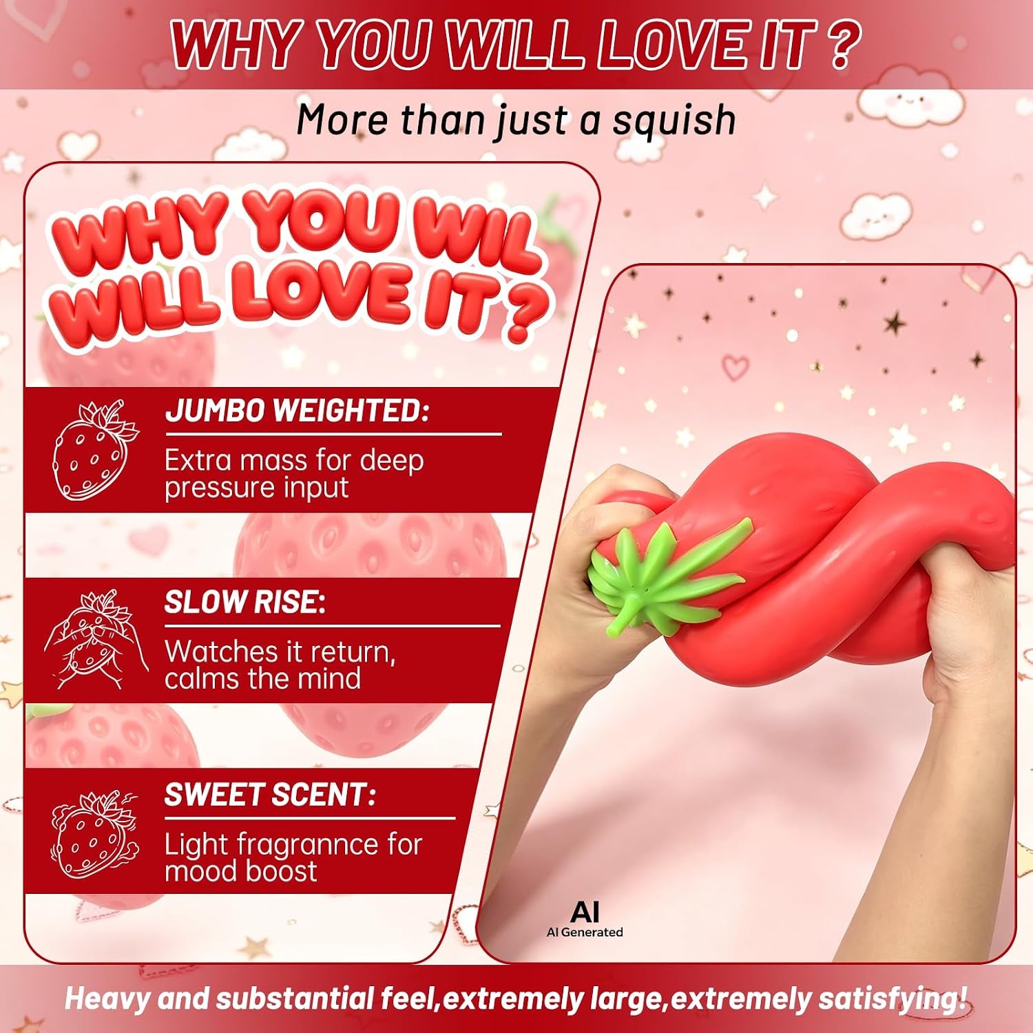 1Pcs 5.11 Inches Giant Strawberry Squishy,Strawberry Stress Ball(Red | Sensory Fidget Giant,Fruit Realistic Slow Rise Pressure Relief Toy,Adults Kids Gifts Party Favor