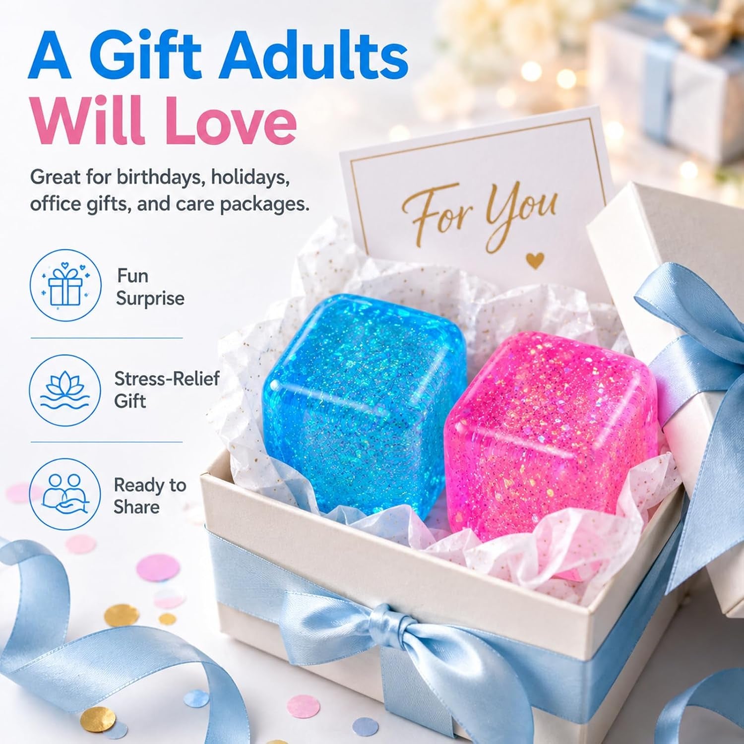 Ice Cube Squishy Toys, Glitter Stress Cube 4 Pcs | 2 Inch Sensory Squeeze Toys, Squishy Cube Pack for Adult Anxiety Stress Relief