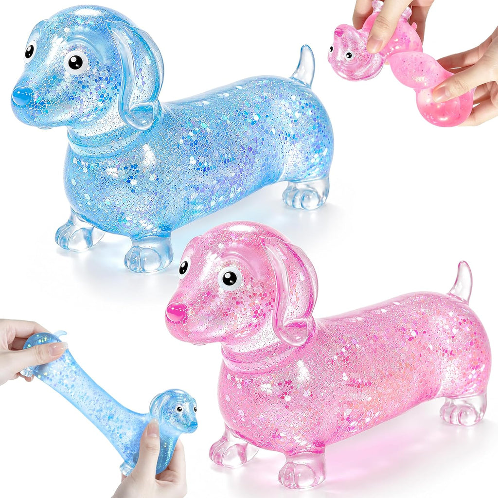 2 Pack Dachshund Squishy, Weiner Dog Squishy Glitter Dachshund Slow Rise Fidget for Anxiety Relief Stress Ball for Children and Adults Soft Squeeze Desk Gadget for Home Office Travel