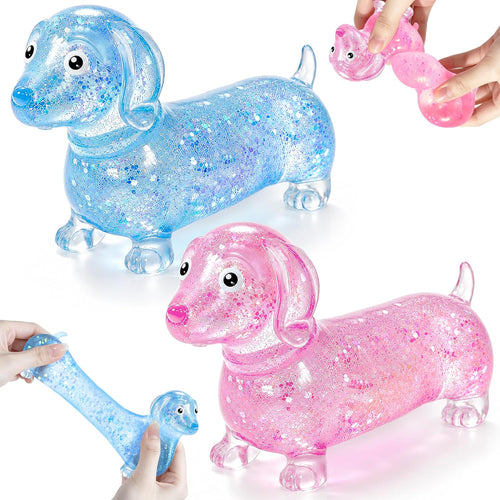 2 Pack Dachshund Squishy, Weiner Dog Squishy Glitter Dachshund Slow Rise Fidget for Anxiety Relief Stress Ball for Children and Adults Soft Squeeze Desk Gadget for Home Office Travel