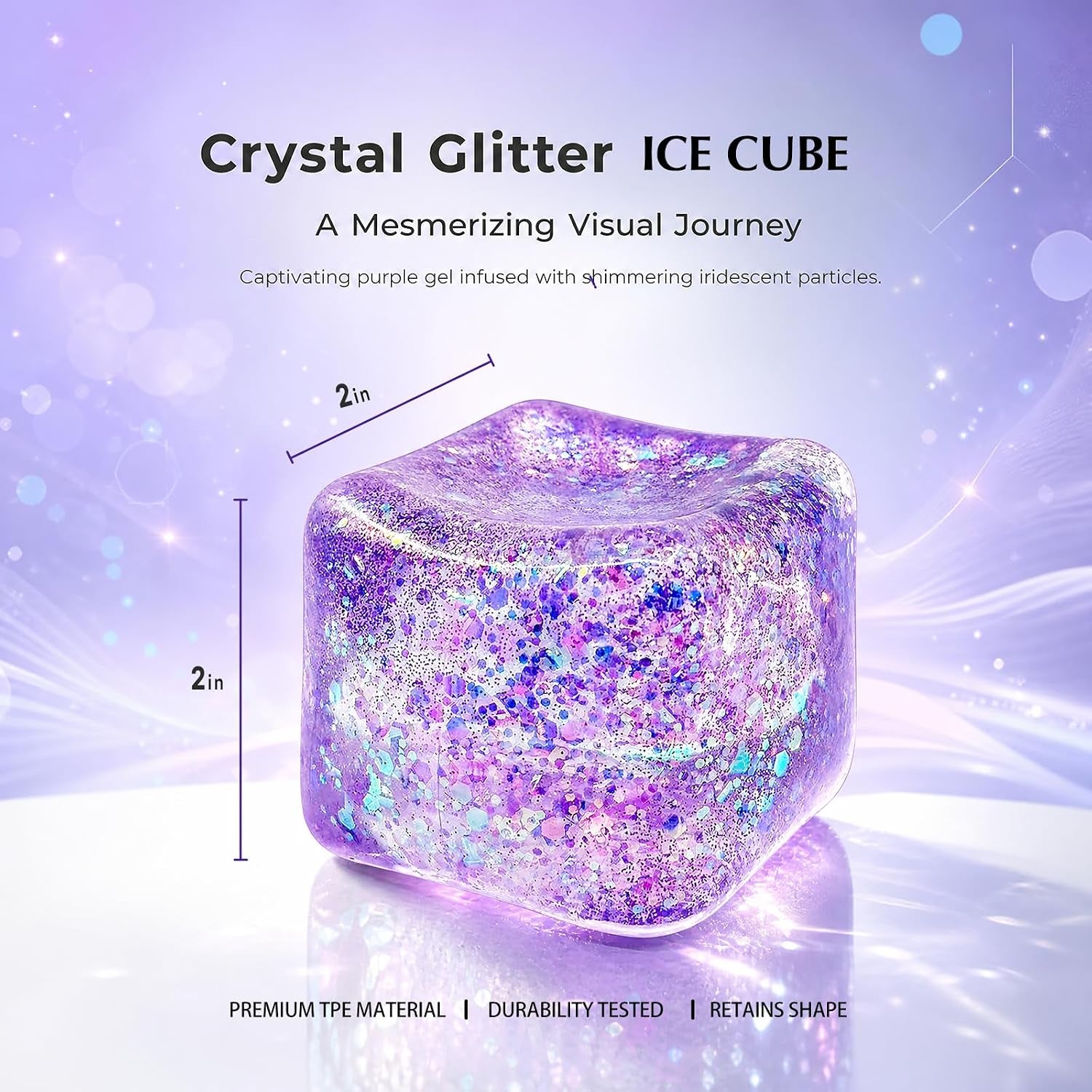 Glitter Cube Squishy Fidget Toys,Stress Sensory Purple Ice Cube Squishy Squeeze Toy for Adults,Stress Relief Toys for the Office,Unique Gift to Help Teens Improve Their Focus - Large 2" Cube