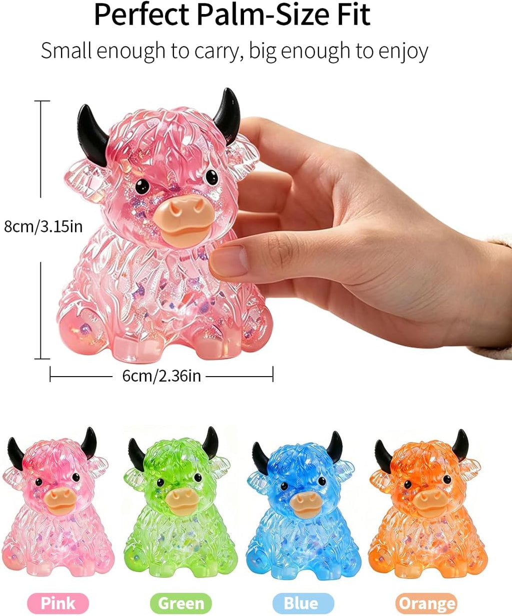 4PCS Highland Cow Squishy Fidget Toys,Glitter Squeeze Sensory Toys Ultra-Soft Slow Rising Stress Relief Anxiety Relief Desk Decor for Home and Office,Christmas Birthday Gift Party Favors