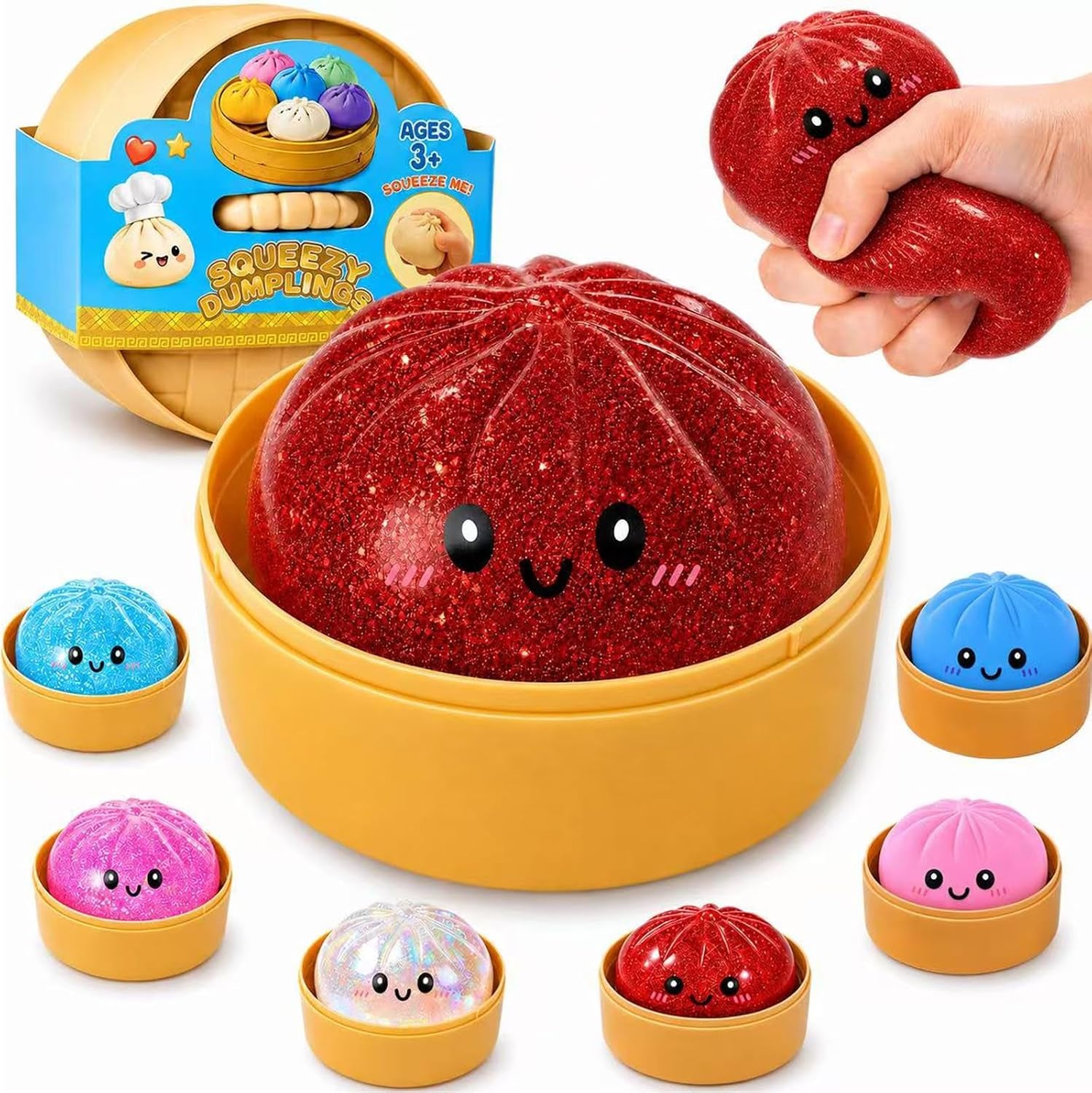 Dumpling Squishies, Glitter Dumpling Mystery Box, Fidget Sensory Toy for Adults,Colorful Dumplings Stress Balls with Food Steamer,Stretchy Desk Toys (Pink)