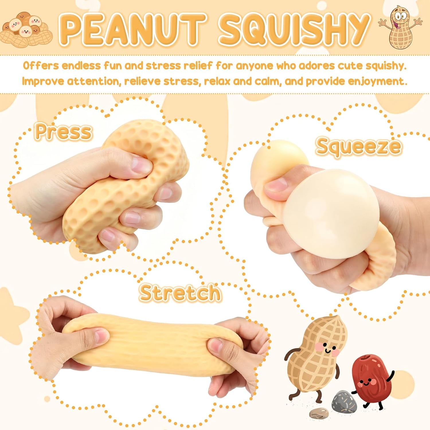 Peanut Shape Stress Relief Bal, Peanut Squishies Toys, Soft Squeeze Fidget, Hand Grip Decompression Ball for Office Desk Focus Relaxation Portable (2PCS)