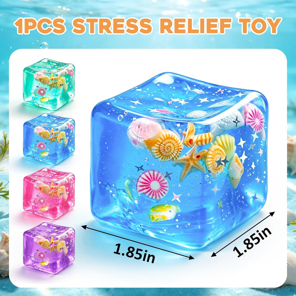 1Pc Ice Cube Squishy Stress Balls,Slow Rising Sensory Fidget Toy with Marine Shells inside Square Soft Sensory Anxiety Relief Squeeze Cube for Adults Teens Kids(Blue)