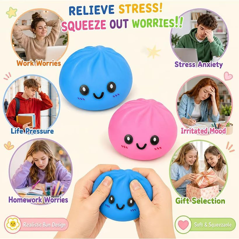 Dumpling Squishies, Glitter Dumpling Mystery Box, Fidget Sensory Toy for Adults,Colorful Dumplings Stress Balls with Food Steamer,Stretchy Desk Toys (Pink)