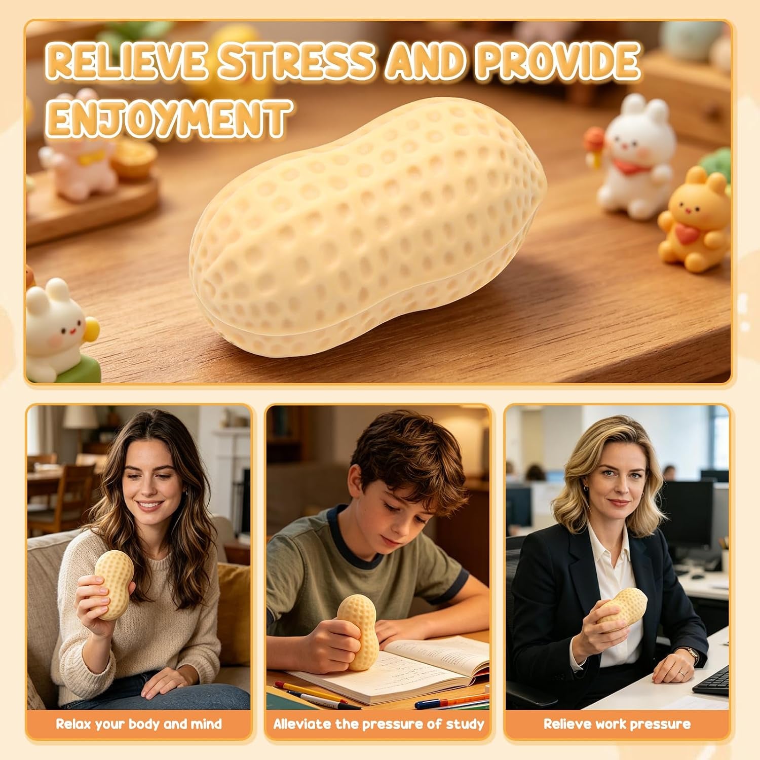Peanut Shape Stress Relief Bal, Peanut Squishies Toys, Soft Squeeze Fidget, Hand Grip Decompression Ball for Office Desk Focus Relaxation Portable (2PCS)