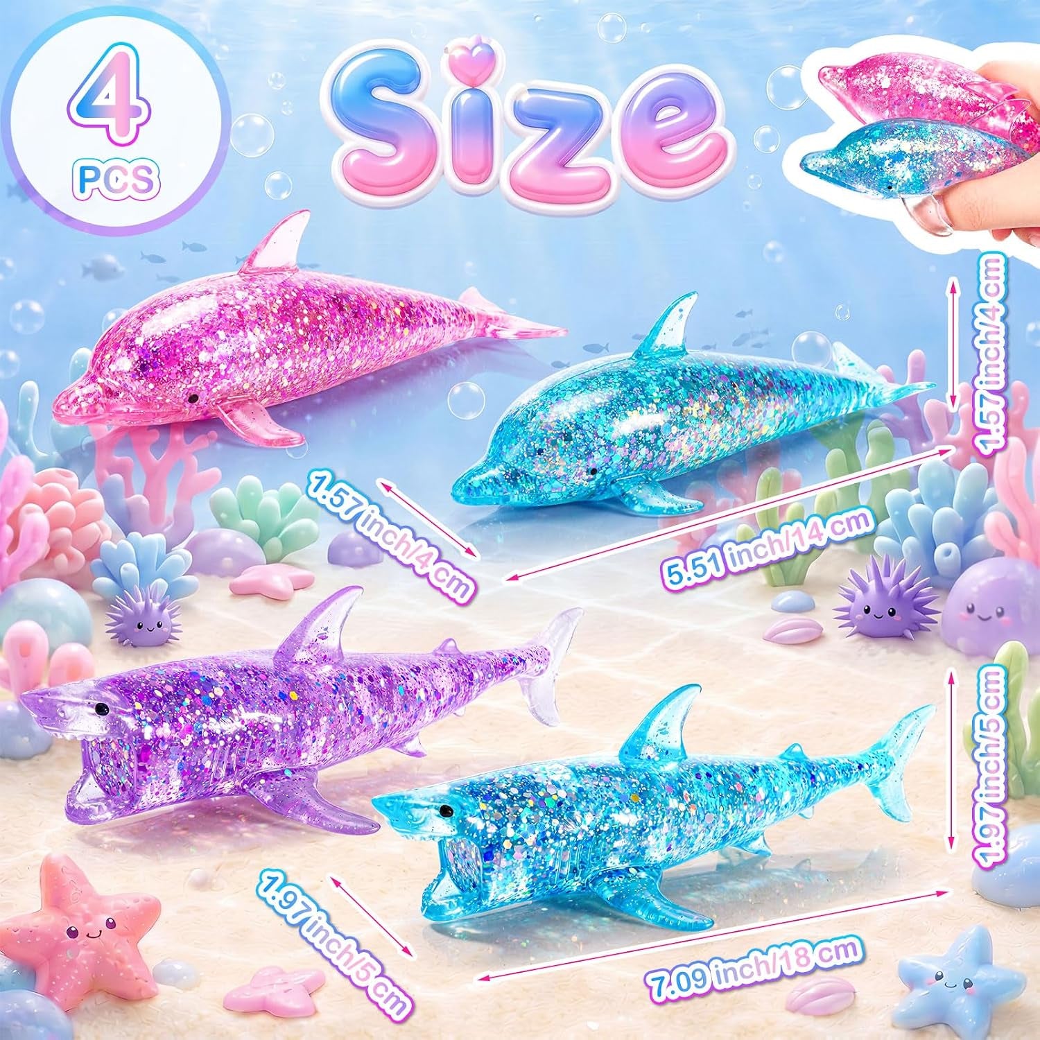 4 Pack Glitter Shark Sugar Stress Ball, Soft Dolphin Squeeze Sensory Balls for Adults Anxiety Relief, Pink Blue Kawaii Animals Stress Gifts for Ocean Party Favors