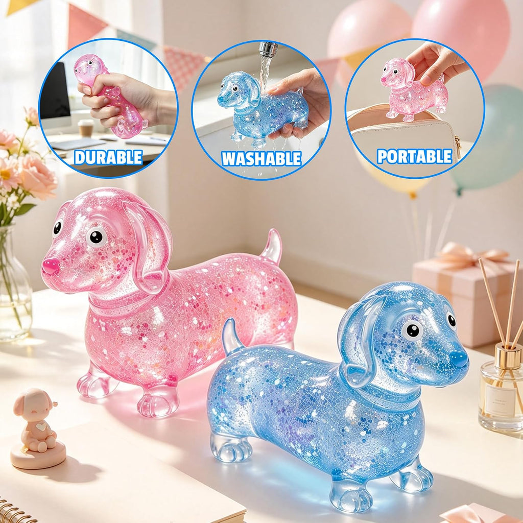 2 Pack Dachshund Squishy, Weiner Dog Squishy Glitter Dachshund Slow Rise Fidget for Anxiety Relief Stress Ball for Children and Adults Soft Squeeze Desk Gadget for Home Office Travel