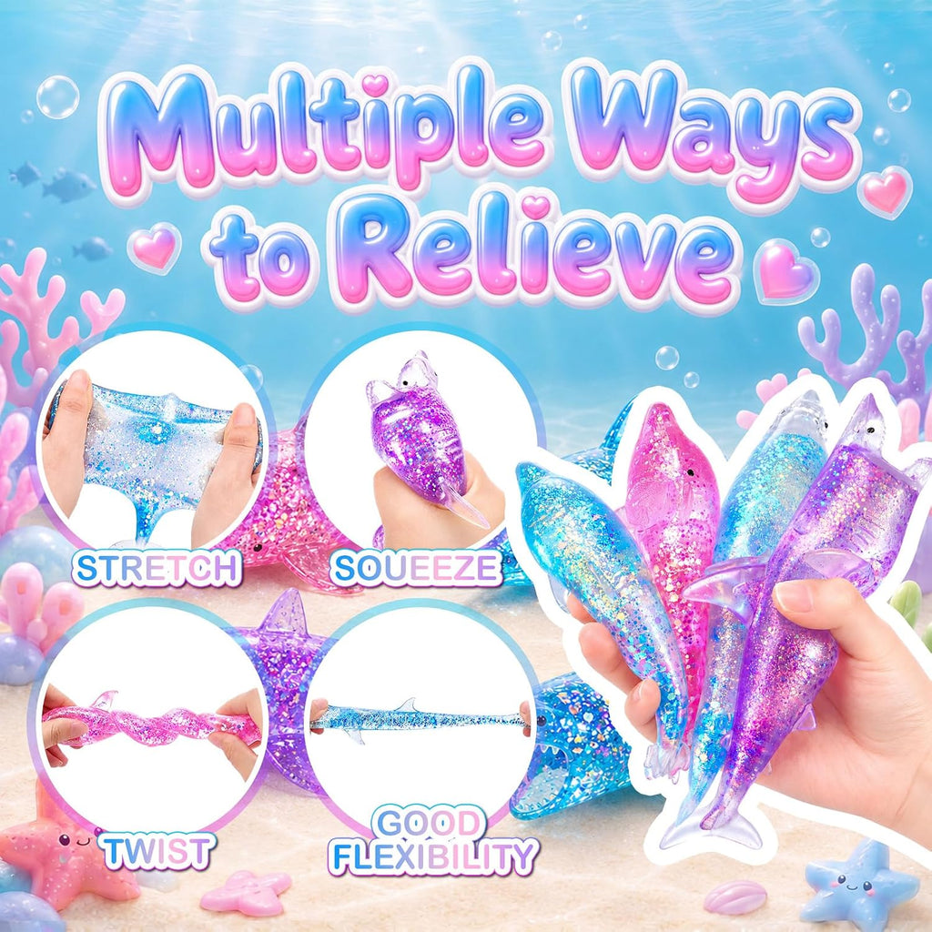4 Pack Glitter Shark Sugar Stress Ball, Soft Dolphin Squeeze Sensory Balls for Adults Anxiety Relief, Pink Blue Kawaii Animals Stress Gifts for Ocean Party Favors