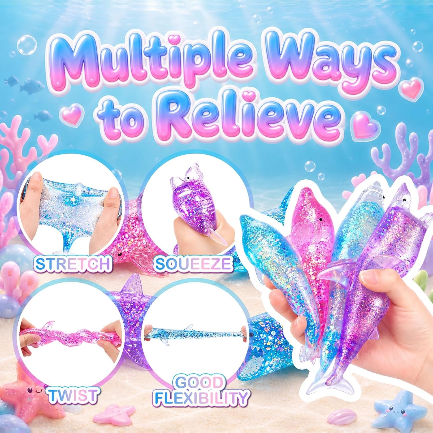 4 Pack Glitter Shark Sugar Stress Ball, Soft Dolphin Squeeze Sensory Balls for Adults Anxiety Relief, Pink Blue Kawaii Animals Stress Gifts for Ocean Party Favors