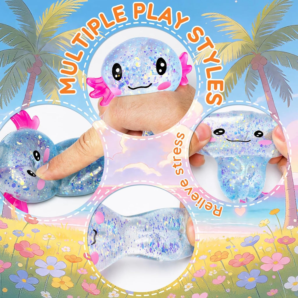 Axolotl Squishy Glitter Stress Relief Toy, Stretchy Axolotls Stress Ball, Relief Squishy Toys, Fidget Toys for Kids Youth Adult, Salamander Gift for Party Birthday Christmas (Blue)